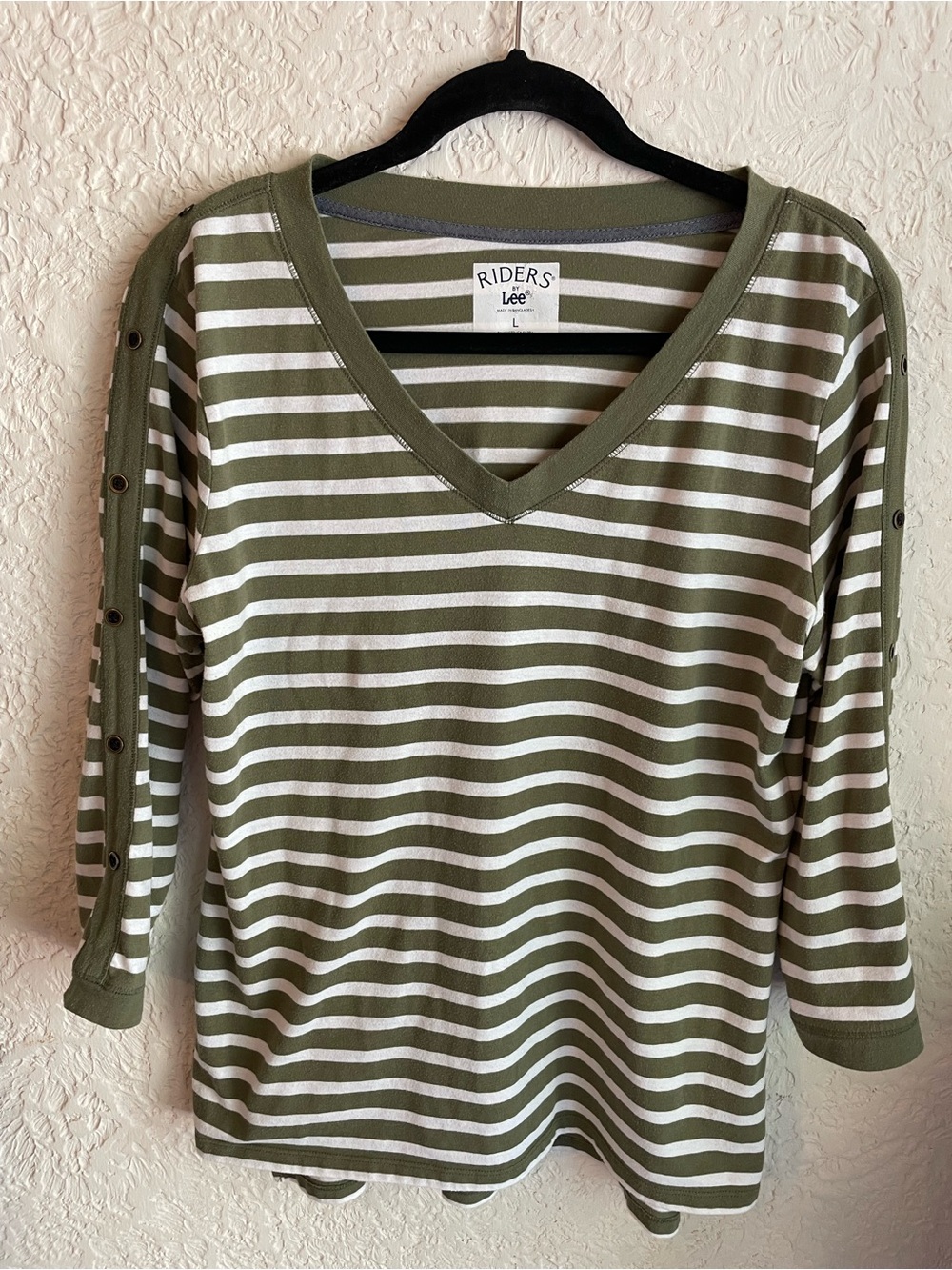 Riders by Lee Olive and White Striped V-Neck Button-Sleeve Tee